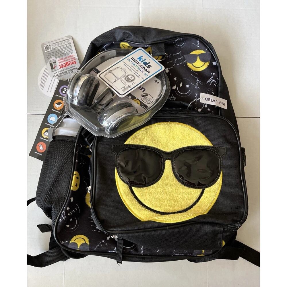 NEW Kids Fashion Headphone Backpack Value Set Smiley Bottle Lunch Box Carabiner
